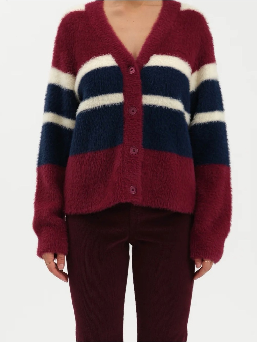DAZE Striped V-Neck Cardigan Sweater - Burgundy / Navy / White